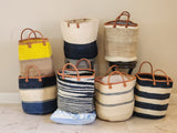 Black & White Mifuko Kiondo Kenya Bag, Shopping Bag, Picnic Bag, Storage, Floor Basket, Home Diameter: 17" x  Height: 17" With Straps: 20.5"
