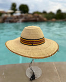 Ghanaian Straw Hats With Wide Brim Band & Leather -  Yellow Stripe