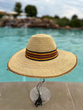 Ghanaian Straw Hats With Wide Brim Band & Leather -  Yellow Stripe