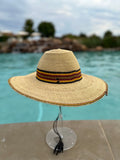 Ghanaian Straw Hats With Wide Brim Band & Leather -  Yellow Stripe
