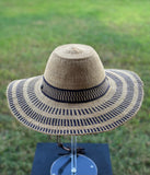Ghanaian Straw Hats With Wide Brim Band & Leather -  Black Stripes