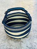 African Market Basket - Bolga Ghana Navy Blue W/ Black Handles - Large: W:14"-16"  x H: 10"