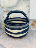 African Market Basket - Bolga Ghana Navy Blue W/ Black Handles - Large: W:14"-16"  x H: 10"