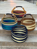 African Market Basket - Bolga Ghana Navy Blue W/ Black Handles - Large: W:14"-16"  x H: 10"