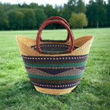 Large Green & Blue U-Shopper Yikene - Ghana Beach Tote Bag/Basket - Brown Handles