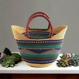 Large Green & Blue U-Shopper Yikene - Ghana Beach Tote Bag/Basket - Brown Handles