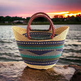 Large Green & Blue U-Shopper Yikene - Ghana Beach Tote Bag/Basket - Brown Handles