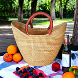 Large U-Shopper - Ghana Beach Tote Bag/Basket - Brown Handles