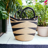 Large U-Shopper - Beach Tote Bag Ghana Basket Black & Tan