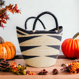 Large U-Shopper - Beach Tote Bag Ghana Basket Black & Tan