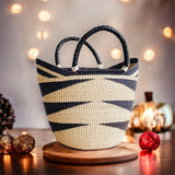 Large U-Shopper - Beach Tote Bag Ghana Basket Black & Tan