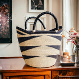 Large U-Shopper - Beach Tote Bag Ghana Basket Black & Tan