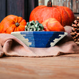 African  Uganda Woven Bowl - Coastal Straight line Blues & White 12" x 3"