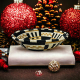 African Basket  Rwanda Woven Block Staccato Bowl- Tan white & Black & Brown