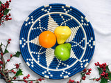 African  Rwanda Woven Basket - Blue & White Flower