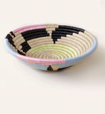 African  Rwanda Woven Basket - Abstract Form Plateau White & Blue & Lime Green