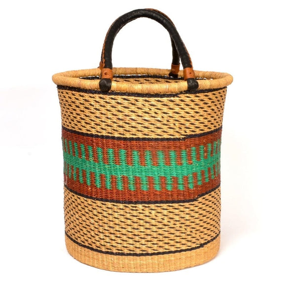 Ghana Natural With Brown and Turquoise Large Traditional Handwoven African Ghana Laundry Basket Natural Hamper basket