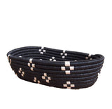 African Rwanda Woven Oval Bread Basket for Storage, Organization or Serving | Great for Remote Controller Storage or Baby Diapers and Wipes or Serving Bread on The Table - 11" long, 7" wide, 2.5" tall  Spotted Black & White