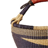 African Market Basket - Bolga Ghana Navy Blue with Brown Handles & Tan Basket - Large: W:14"-16"  x H: 10"