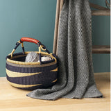 African Market Basket - Bolga Ghana Navy Blue with Brown Handles & Tan Basket - Large: W:14"-16"  x H: 10"
