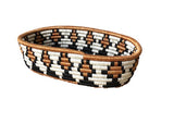 African Rwanda Woven Oval Bread Basket for Storage, Organization or Serving | Great for Remote Controller Storage or Baby Diapers and Wipes or Serving Bread on The Table - 11" long, 7" wide, 2.5" tall Brown black & White