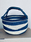 African Market Basket - Bolga Ghana Navy Blue W/ Black Handles - Large: W:14"-16"  x H: 10"