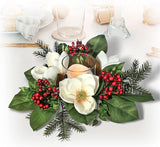 16" Beige, Red and Green Magnolia with Glass Hurricane Holder Candle Ring