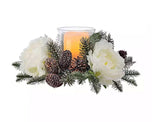 16" FROST PEONY PINE W/CONES GLASS HURRICANE