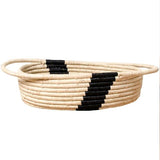 African Rwanda Woven Oval Bread Basket for Storage, Organization or Serving | Great for Remote Controller Storage or Baby Diapers and Wipes or Serving Bread on The Table - 11" long, 7" wide, 2.5" tall -Black & Natural Stripped