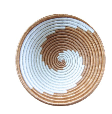 African Basket  Rwanda Woven Basket - Tan &  white Swirl 12'' x 3