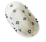 HAND OVAL WOVEN MARABA BREAD BASKET - WHITE AND BLACK SPOTTED- 11" long, 7" wide, 2.5" tall