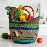 Large Green U-Shopper - Ghana Beach Tote Bag/Basket - Brown Handles