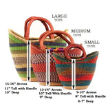 Large Green & Blue U-Shopper Yikene - Ghana Beach Tote Bag/Basket - Brown Handles