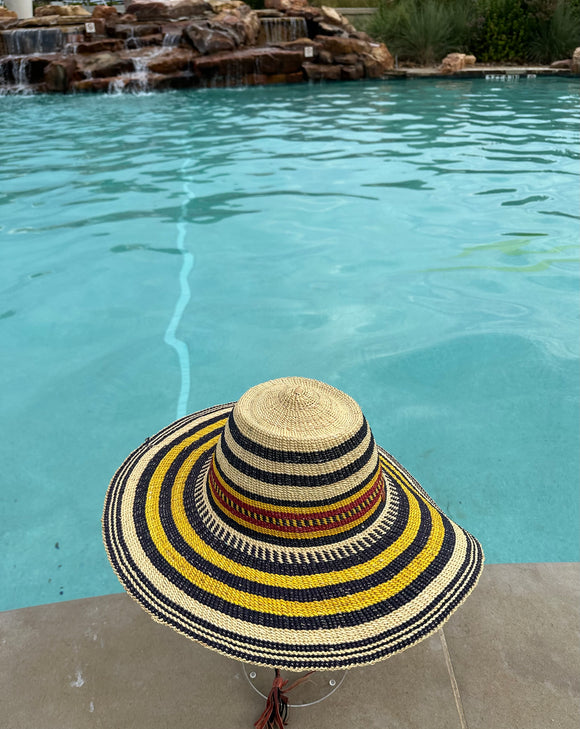 Ghanaian Straw Hats With Wide Brim Band & Leather -  Mustard Stripes