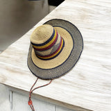 Ghanaian Straw Hats With Wide Brim Band & Leather -  Mustard Stripes. Size:22-25" Cap.