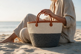 White Mifuko Kiondo Kenya Bag two tone color white and grey with Premium brown Leather Rim and straps