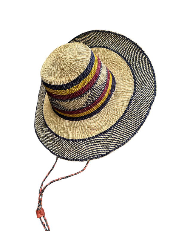 Ghanaian Straw Hats With Wide Brim Band & Leather -  Mustard Stripes. Size:22-25