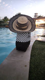 Ghanaian Straw Hats With Wide Brim Colorful Band & Leather Strap- Round of Blue & Tan
