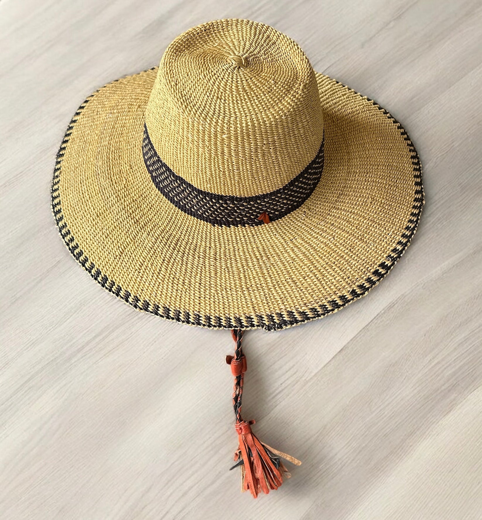 Wide Brim Straw Sun Hat with Leather Band - Yellow STRAW HAT - WHITE LEATHER BEE main image 3