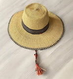 Ghanaian Straw Hats With Wide Brim Band & Leather -  Navy Blue