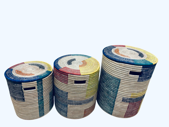 Multicolored Woven Storage Basket With Lid:  Storage Basket - Natural