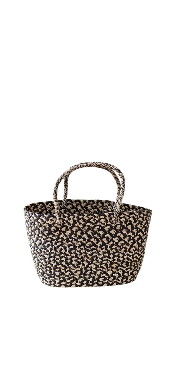 Rwanda Braided Raffia Tote Black and Natural