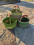 Round Bolga Market Basket w/ Leather Wrapped Handle - Green Assorted 1 EA