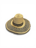 Ghanaian Straw Hats With Wide Brim Band & Leather -  Black Stripes. Size:22-25" Cap.