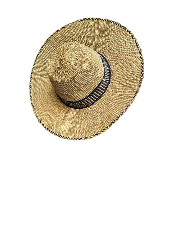 Ghanaian Straw Hats With Wide Brim Band & Leather -  Black Stripes. Size:22-25