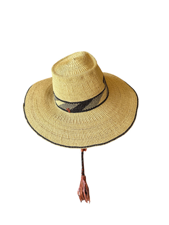 Ghanaian Straw Hats With Wide Brim Band & Leather -  Navy Blue Stripe