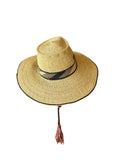 Ghanaian Straw Hats With Wide Brim Band & Leather -  Navy Blue Stripe