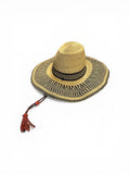 Ghanaian Straw Hats With Wide Brim Band & Leather -  Black Stripes. Size:22-25" Cap.