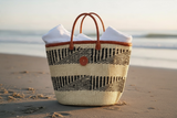Mifuko Kiondo Kenya Beach Bag, Shopping Bag, Picnic Bag, Storage, Floor Basket, Home Decor - Black Double Lines with a Buckle
