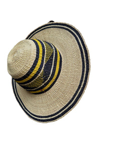 Ghanaian Straw Hats With Wide Brim Band & Leather -  Mustard & Navy Blue